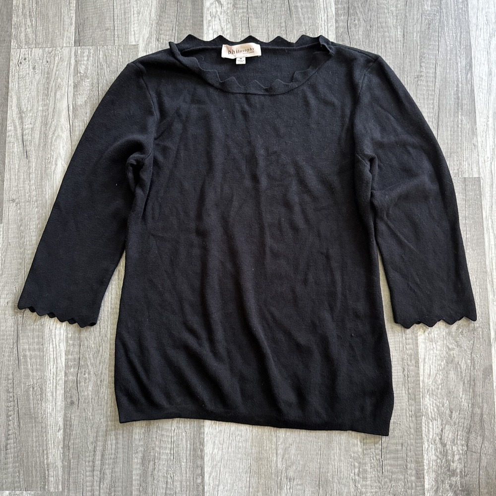 Philosophy Sweater Dark BlackPullover Scalloped Edges 3/4 Sleeve Preppy Medium